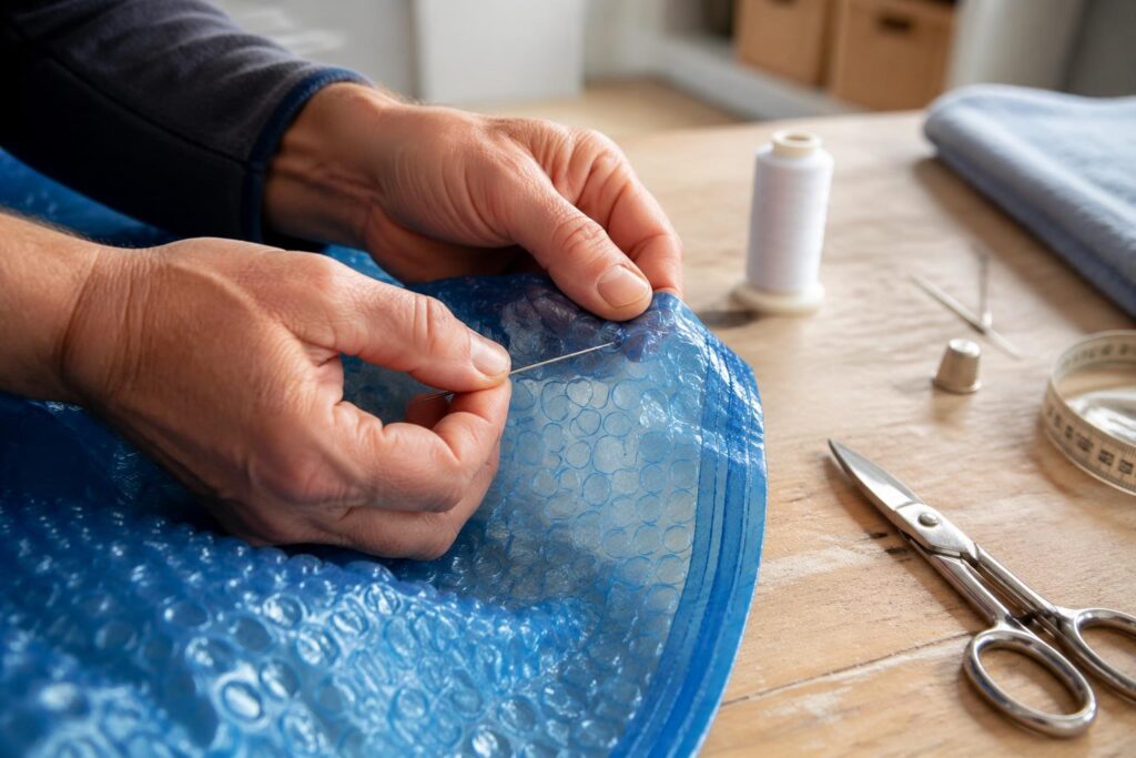 apprenez à coudre une bâche à bulle pour prolonger la durée de vie de votre couverture de piscine. astuces simples et pratiques pour éviter de la jeter et économiser.