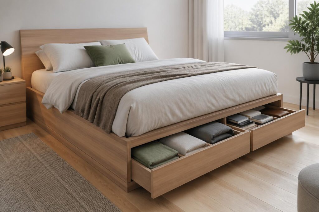 optimisez votre espace avec notre lit équipé de rangements intégrés, idéal pour une chambre parfaitement organisée et fonctionnelle.